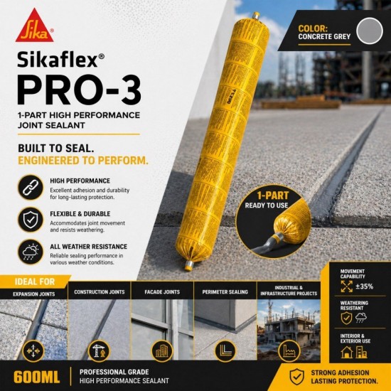 Sika Sikaflex® PRO-3 1-Part High Performance Joint Sealant 600ML - Concrete Grey/White Sika Sikaflex® PRO-3 1-Part High Performance Joint Sealant 600ML - Concrete Grey/White