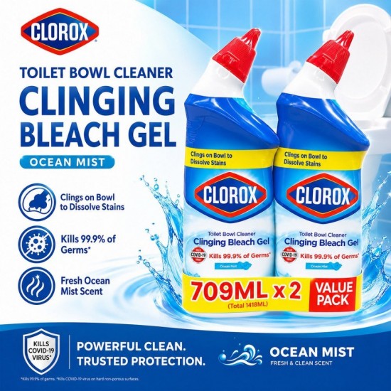 Clorox Toilet Bowl Cleaner Clinging Bleach Gel 709ML x 2 Value Pack - Ocean Mist Clorox Toilet Bowl Cleaner Clinging Bleach Gel 709ML x 2 Value Pack - Ocean Mist