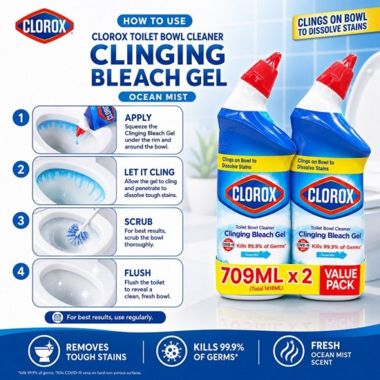 Clorox Toilet Bowl Cleaner Clinging Bleach Gel 709ML x 2 Value Pack - Ocean Mist Clorox Toilet Bowl Cleaner Clinging Bleach Gel 709ML x 2 Value Pack - Ocean Mist