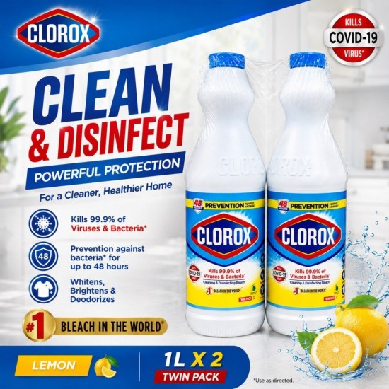 Clorox Cleaning & Disinfecting Bleach 1L x 2 Twin Pack - Original/Lemon Clorox Cleaning & Disinfecting Bleach 1L x 2 Twin Pack - Original/Lemon