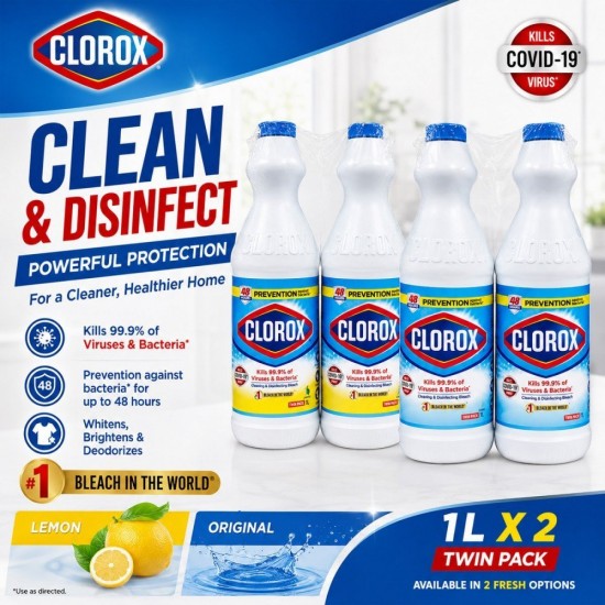 Clorox Cleaning & Disinfecting Bleach 1L x 2 Twin Pack - Original/Lemon Clorox Cleaning & Disinfecting Bleach 1L x 2 Twin Pack - Original/Lemon