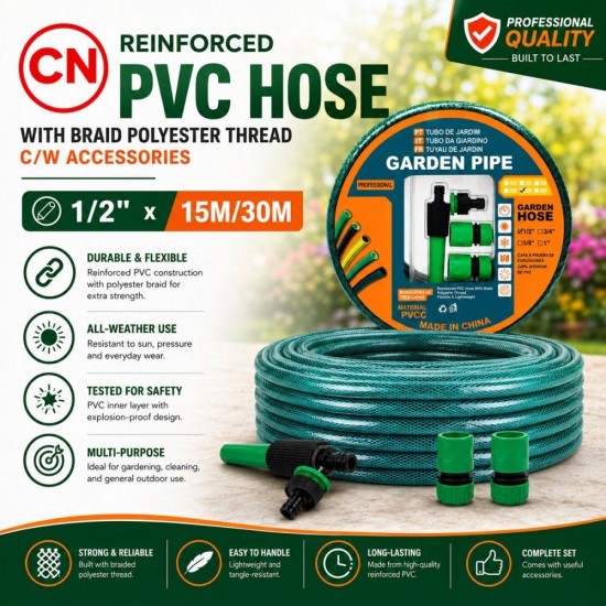 CN Reinforced PVC Hose With Braided Polyester Thread C/W Accessories 1/2" x 15M/30M CN Reinforced PVC Hose With Braided Polyester Thread C/W Accessories 1/2" x 15M/30M