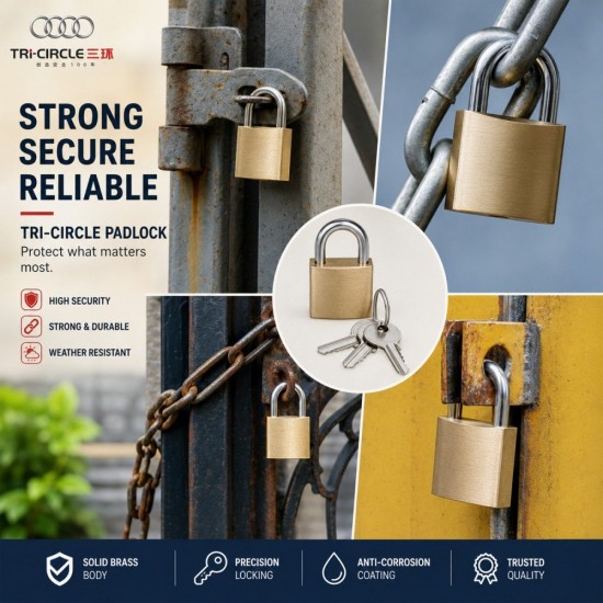Tri-Circle Standard Brass Padlock C/W 3 Keys - 20MM~63MM Tri-Circle Standard Brass Padlock C/W 3 Keys - 20MM~63MM