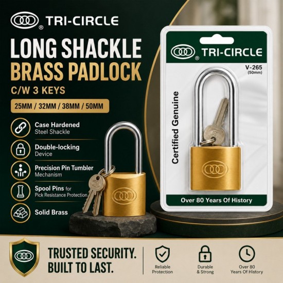 Tri-Circle Long Shackle Brass Padlock C/W 3 Keys - 25MM~50MM Tri-Circle Long Shackle Brass Padlock C/W 3 Keys - 25MM~50MM