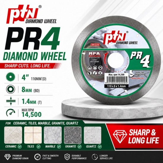 PTN #PR4 Diamond Wheel Disc 4" 110MM (D) x 8MM (BD) x 1.4MM (T)