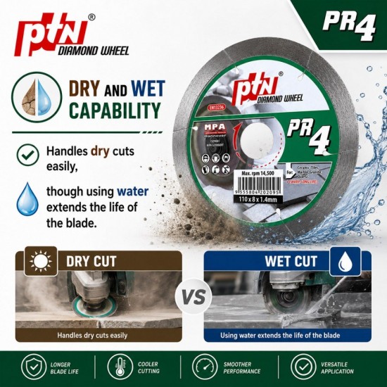 PTN #PR4 Diamond Wheel Disc 4" 110MM (D) x 8MM (BD) x 1.4MM (T)