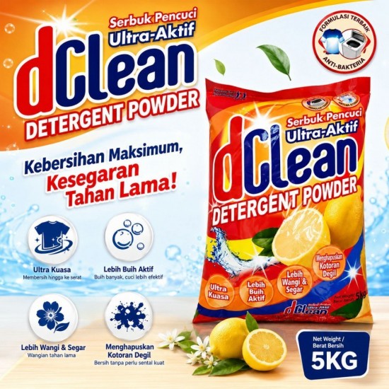 dClean Detergent Powder | Serbuk Pencuci Ultra-Aktif 5KG - Lemon dClean Detergent Powder | Serbuk Pencuci Ultra-Aktif 5KG - Lemon