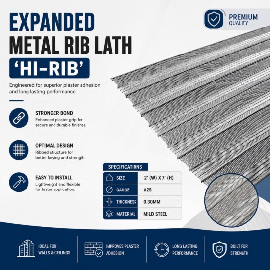 Expanded Metal Rib Lath 'Hi-Rib' #25 0.30MM 2' (W) x 7' (H) - Mild Steel