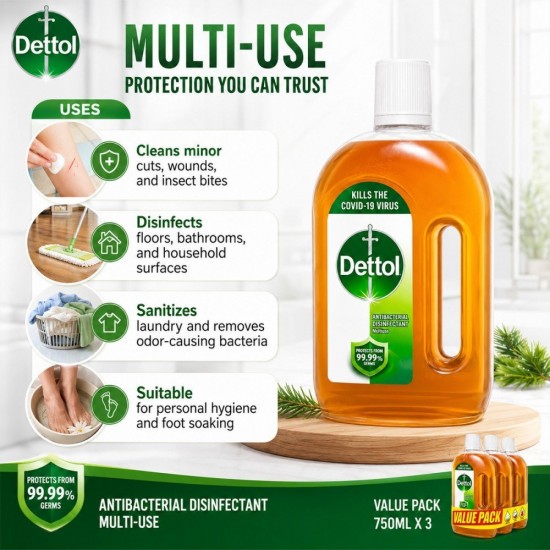 Dettol Antibacterial Disinfectant Multiuse 750ML x 3 - Value Pack