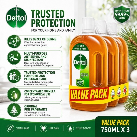 Dettol Antibacterial Disinfectant Multiuse 750ML x 3 - Value Pack