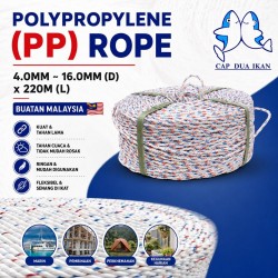 Cap Dua Ikan Polypropylene (PP) Rope 4.0MM ~ 16.0MM (D) x 220M (L) - White with Red & Blue Dots