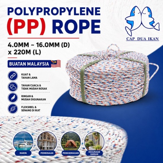 Cap Dua Ikan Polypropylene (PP) Rope 4.0MM ~ 16.0MM (D) x 220M (L) - White with Red & Blue Dots Cap Dua Ikan Polypropylene (PP) Rope 4.0MM ~ 16.0MM (D) x 220M (L) - White with Red & Blue Dots
