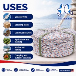 Cap Dua Ikan Polypropylene (PP) Rope 4.0MM ~ 16.0MM (D) x 220M (L) - White with Red & Blue Dots