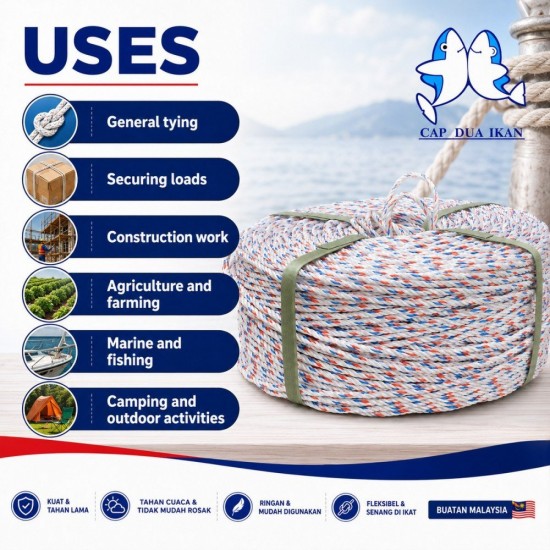 Cap Dua Ikan Polypropylene (PP) Rope 4.0MM ~ 16.0MM (D) x 220M (L) - White with Red & Blue Dots Cap Dua Ikan Polypropylene (PP) Rope 4.0MM ~ 16.0MM (D) x 220M (L) - White with Red & Blue Dots