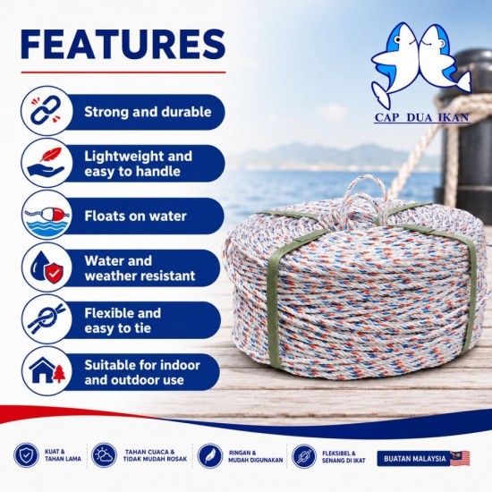 Cap Dua Ikan Polypropylene (PP) Rope 4.0MM ~ 16.0MM (D) x 220M (L) - White with Red & Blue Dots Cap Dua Ikan Polypropylene (PP) Rope 4.0MM ~ 16.0MM (D) x 220M (L) - White with Red & Blue Dots
