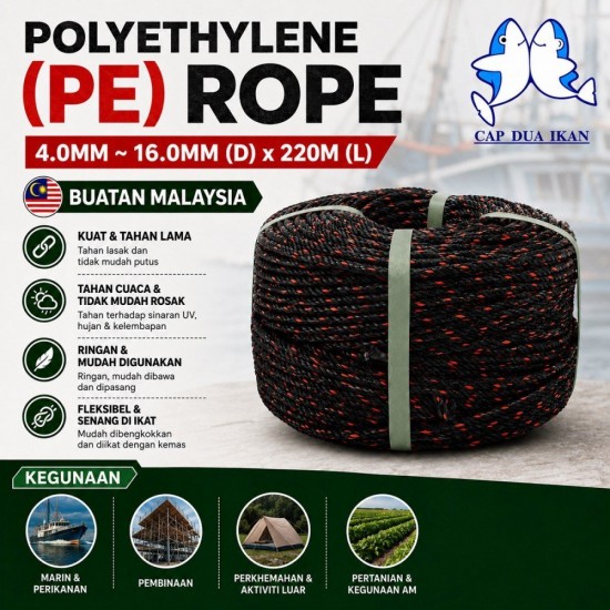 Cap Dua Ikan Polyethylene (PE) Rope 4.0MM ~ 16.0MM (D) x 220M (L) - Black with Red Dots Cap Dua Ikan Polyethylene (PE) Rope 4.0MM ~ 16.0MM (D) x 220M (L) - Black with Red Dots