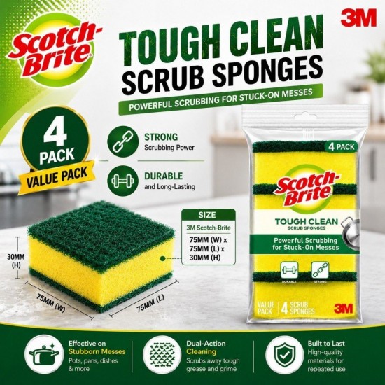 3M Scotch-Brite Tough Clean Scrub Sponge (4PACK / 5PACK) 75MM (W) x 75MM (L) x 30MM (H)