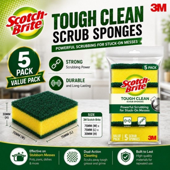 3M Scotch-Brite Tough Clean Scrub Sponge (4PACK / 5PACK) 75MM (W) x 75MM (L) x 30MM (H)