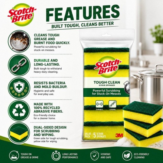 3M Scotch-Brite Tough Clean Scrub Sponge (4PACK / 5PACK) 75MM (W) x 75MM (L) x 30MM (H)