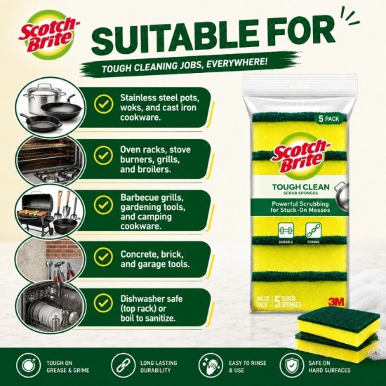 3M Scotch-Brite Tough Clean Scrub Sponge (4PACK / 5PACK) 75MM (W) x 75MM (L) x 30MM (H)