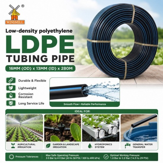 Windmill Low Density Polyethylene (LDPE) Irrigation Tubing Pipe 16MM (OD) x 13MM (ID) x 280M (L)
