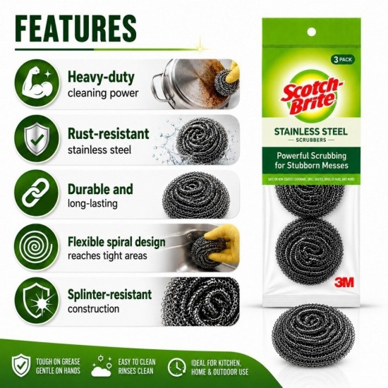Scotch-Brite Stainless Steel Spiral Ball 70MM (W) x 70MM (L) x 30MM (H) - (Value Pack 3)