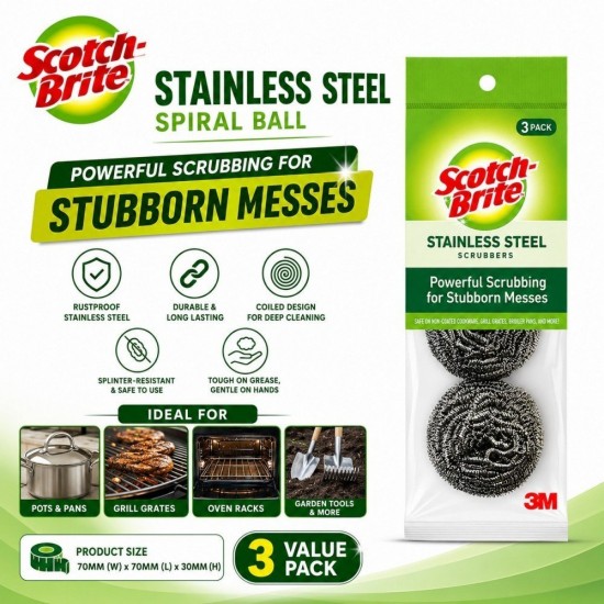 Scotch-Brite Stainless Steel Spiral Ball 70MM (W) x 70MM (L) x 30MM (H) - (Value Pack 3)