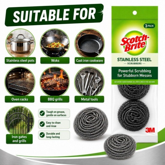 Scotch-Brite Stainless Steel Spiral Ball 70MM (W) x 70MM (L) x 30MM (H) - (Value Pack 3)