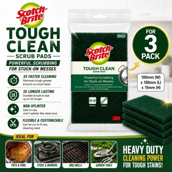 3M Scotch-Brite Tough Clean Scrub Pads 100MM (W) x 150MM (L) x 15MM (H) - (3PACK / 5PACK) 3M Scotch-Brite Tough Clean Scrub Pads 100MM (W) x 150MM (L) x 15MM (H) - (3PACK / 5PACK)