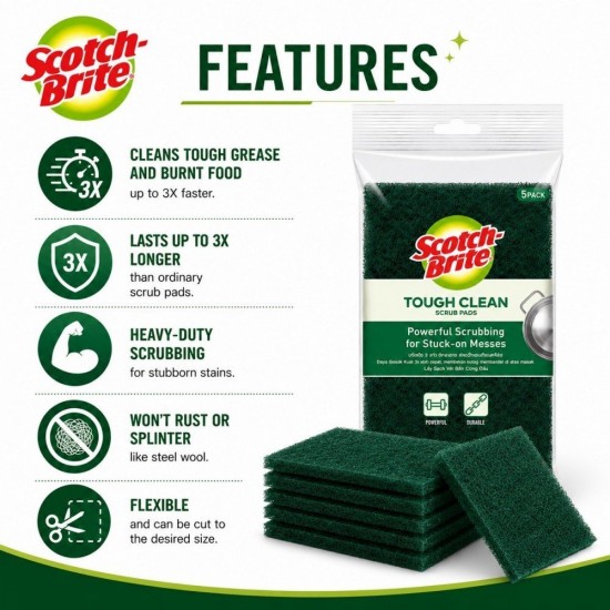 3M Scotch-Brite Tough Clean Scrub Pads 100MM (W) x 150MM (L) x 15MM (H) - (3PACK / 5PACK)