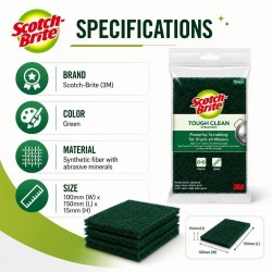 3M Scotch-Brite Tough Clean Scrub Pads 100MM (W) x 150MM (L) x 15MM (H) - (3PACK / 5PACK) 3M Scotch-Brite Tough Clean Scrub Pads 100MM (W) x 150MM (L) x 15MM (H) - (3PACK / 5PACK)