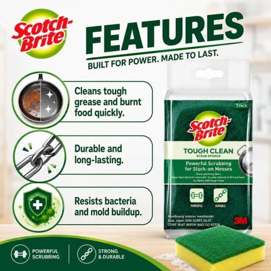 3M Scotch-Brite Tough Clean Scrub Sponge 75MM (W) x 75MM (L) x 30MM (H) - (1 PACK)