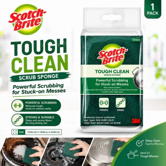 3M Scotch-Brite Tough Clean Scrub Sponge 75MM (W) x 75MM (L) x 30MM (H) - (1 PACK)