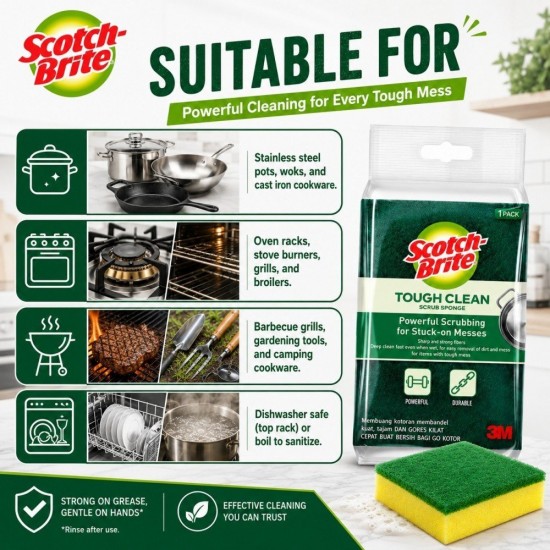 3M Scotch-Brite Tough Clean Scrub Sponge 75MM (W) x 75MM (L) x 30MM (H) - (1 PACK) 3M Scotch-Brite Tough Clean Scrub Sponge 75MM (W) x 75MM (L) x 30MM (H) - (1 PACK)