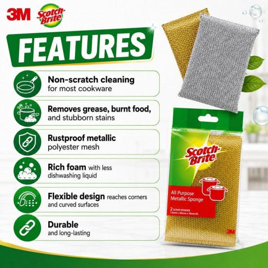 3M Scotch-Brite All Purpose Metallic Sponge 130MM (W) x 80MM (L) x 18MM (H) - (Value Pack 2)