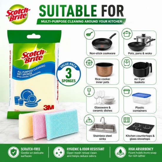 3M Scotch-Brite All Purpose Net Sponge 125MM (W) x 70MM (L) x 20 MM (H) - (Value Pack 3) 3M Scotch-Brite All Purpose Net Sponge 125MM (W) x 70MM (L) x 20 MM (H) - (Value Pack 3)