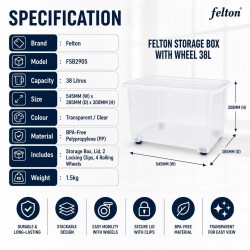 Felton #FSB2905 Storage Box With Wheel 38L 545MM (W) x 385MM (D) x 300MM (H) - Transparent Felton #FSB2905 Storage Box With Wheel 38L 545MM (W) x 385MM (D) x 300MM (H) - Transparent