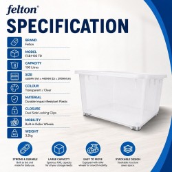 Felton #FSB1185 TR Storage Box With Wheel 100L 660MM (W) x 440MM (D) x 395MM (H) - Transparent Felton #FSB1185 TR Storage Box With Wheel 100L 660MM (W) x 440MM (D) x 395MM (H) - Transparent