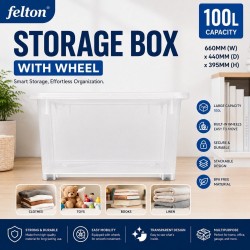 Felton #FSB1185 TR Storage Box With Wheel 100L 660MM (W) x 440MM (D) x 395MM (H) - Transparent