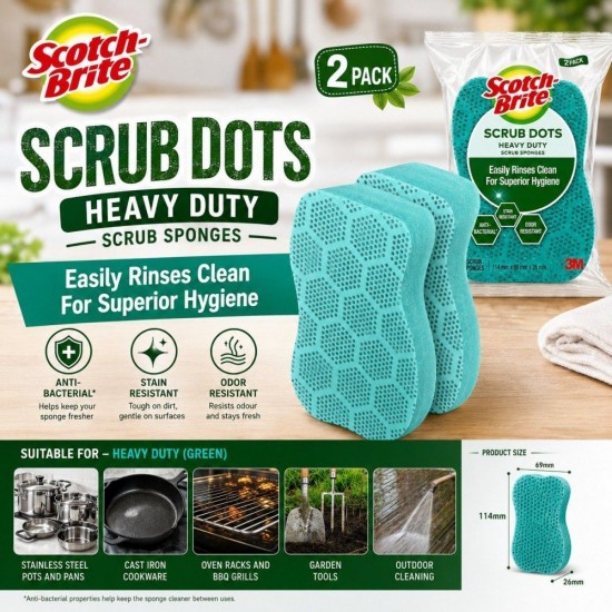 3M Scotch-Brite Scrub Dots Sponges 114MM (W) x 69MM (L) x 26MM (H) - (Value Pack 2) 3M Scotch-Brite Scrub Dots Sponges 114MM (W) x 69MM (L) x 26MM (H) - (Value Pack 2)