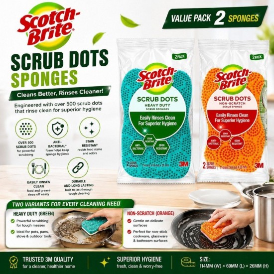 3M Scotch-Brite Scrub Dots Sponges 114MM (W) x 69MM (L) x 26MM (H) - (Value Pack 2)
