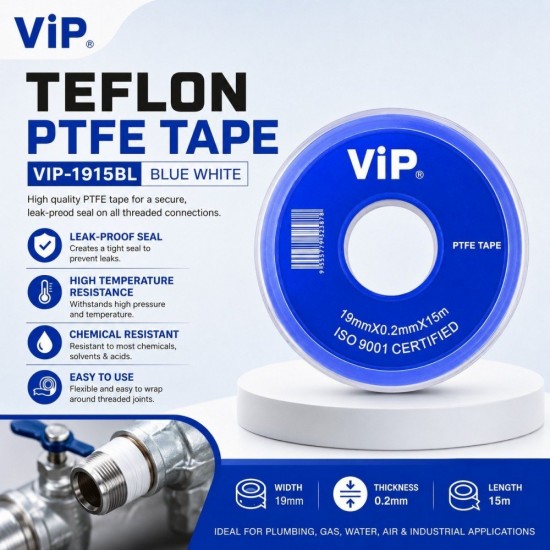 VIP-1915BL Teflon PTFE Tape 19MM (W) x 0.2MM (T) x 15M (L) - Blue White