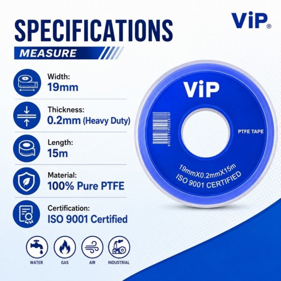 VIP-1915BL Teflon PTFE Tape 19MM (W) x 0.2MM (T) x 15M (L) - Blue White