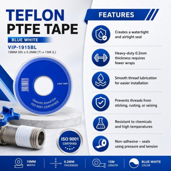 VIP-1915BL Teflon PTFE Tape 19MM (W) x 0.2MM (T) x 15M (L) - Blue White