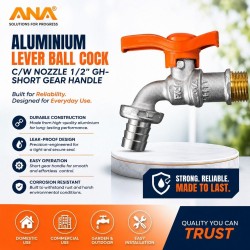 ANA Aluminium Lever Ball Cock C/W Nozzle 1/2" GH- SHORT GEAR HANDLE