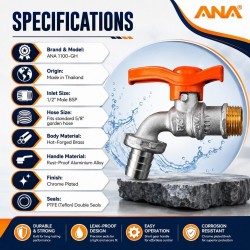 ANA Aluminium Lever Ball Cock C/W Nozzle 1/2" GH- SHORT GEAR HANDLE