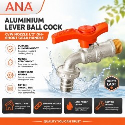ANA Aluminium Lever Ball Cock C/W Nozzle 1/2" GH- SHORT GEAR HANDLE