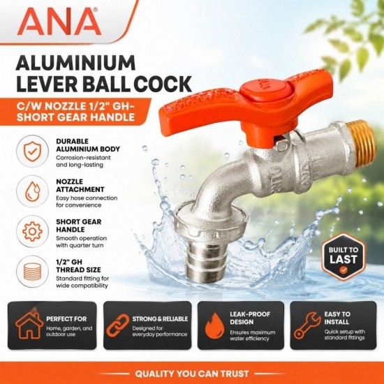 ANA Aluminium Lever Ball Cock C/W Nozzle 1/2" GH- Short Gear Handle ANA Aluminium Lever Ball Cock C/W Nozzle 1/2" GH- Short Gear Handle