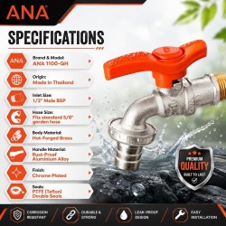 ANA Aluminium Lever Ball Cock C/W Nozzle 1/2" GH- SHORT GEAR HANDLE