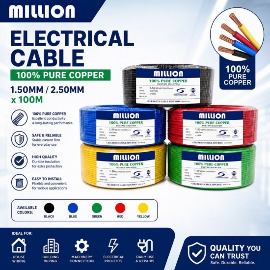 Million 100% Pure Copper Electrical Cables (SIRIM) 1.5MM/2.5MM x 100M - Black/Blue/Green/Red/Yellow Million 100% Pure Copper Electrical Cables (SIRIM) 1.5MM/2.5MM x 100M - Black/Blue/Green/Red/Yellow